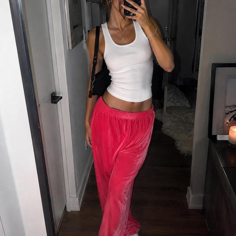 PrettyLittleThing Velour Wide Leg Pants Hot Pink US 4